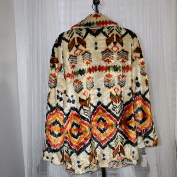 Free People Carmella Faux Fake Fur Coat Aztec Western Print.  Sz. L - Picture 6 of 10